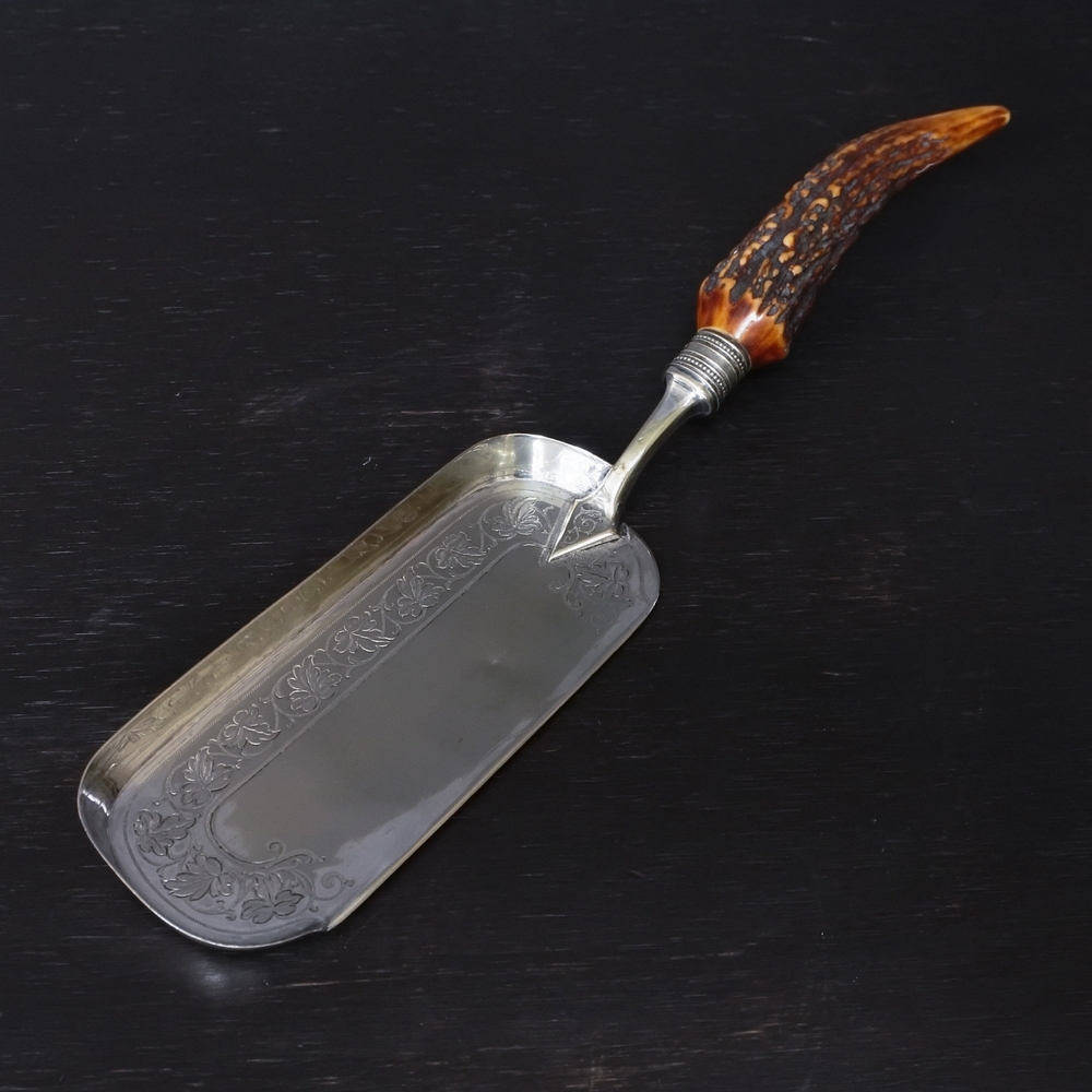 Antique Crumb Tray Silver Plate Stag Antler Horn Handle